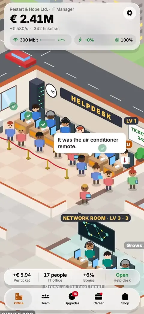 L'helpdesk del gioco pieno di tecnici e clienti in fila, con il fumetto di un ticket appena risolto