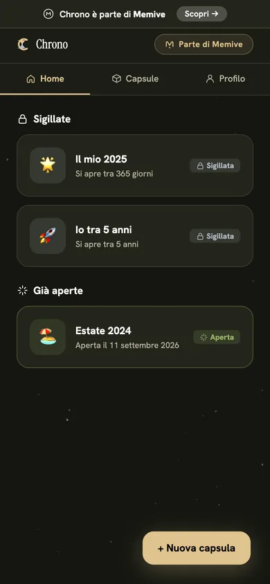 La home della web app di Chrono con le capsule sigillate e aperte