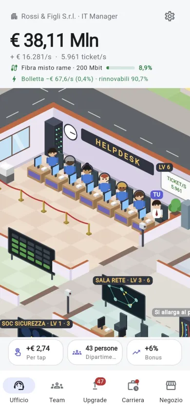 L'ufficio del gioco Idle IT Manager visto dall'alto, con l'helpdesk pieno di tecnici